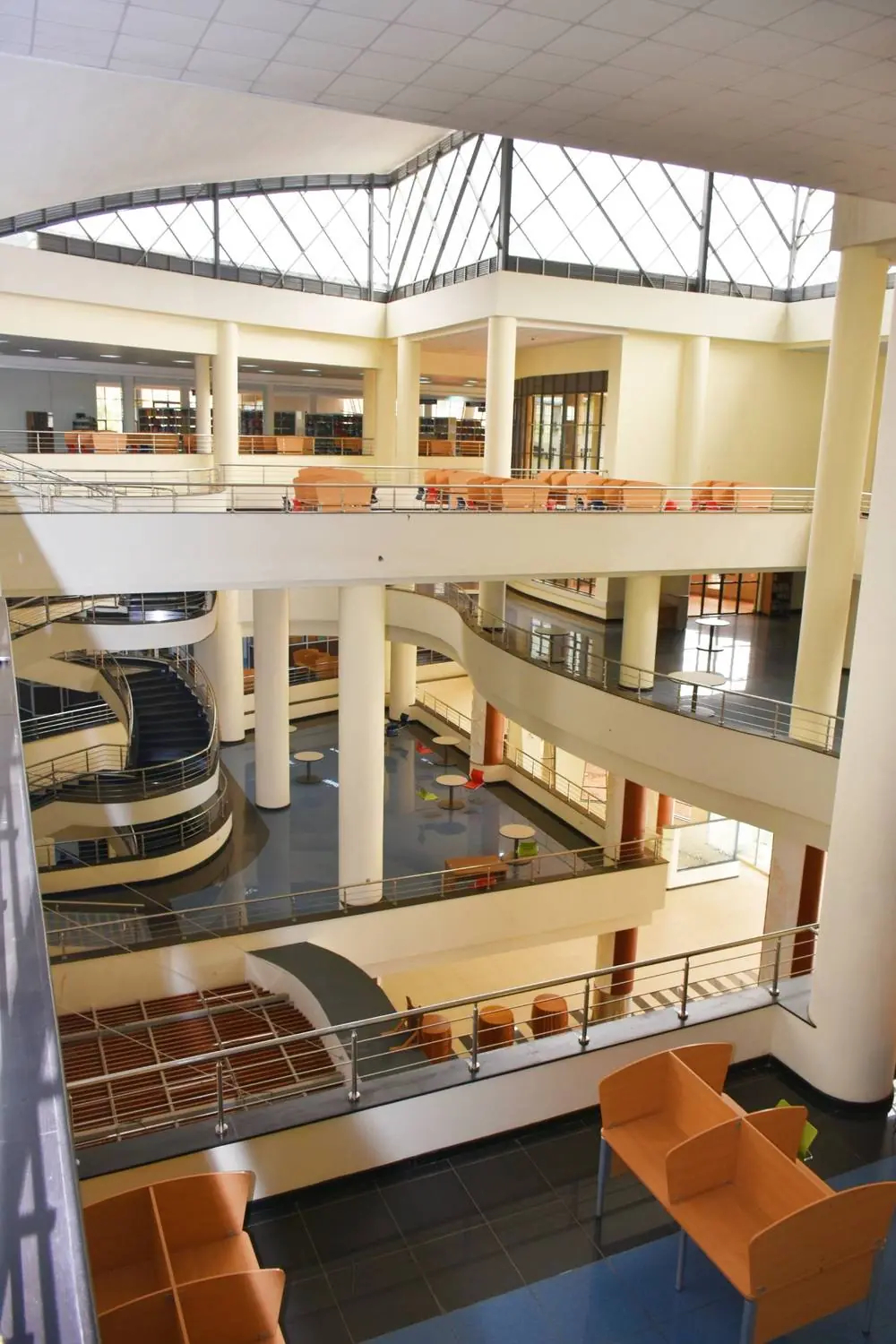 Interior atrium reading spaces at Maktaba Kuu library