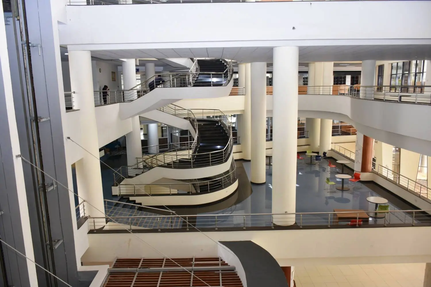 Open staircase and study spaces inside Maktaba Kuu library